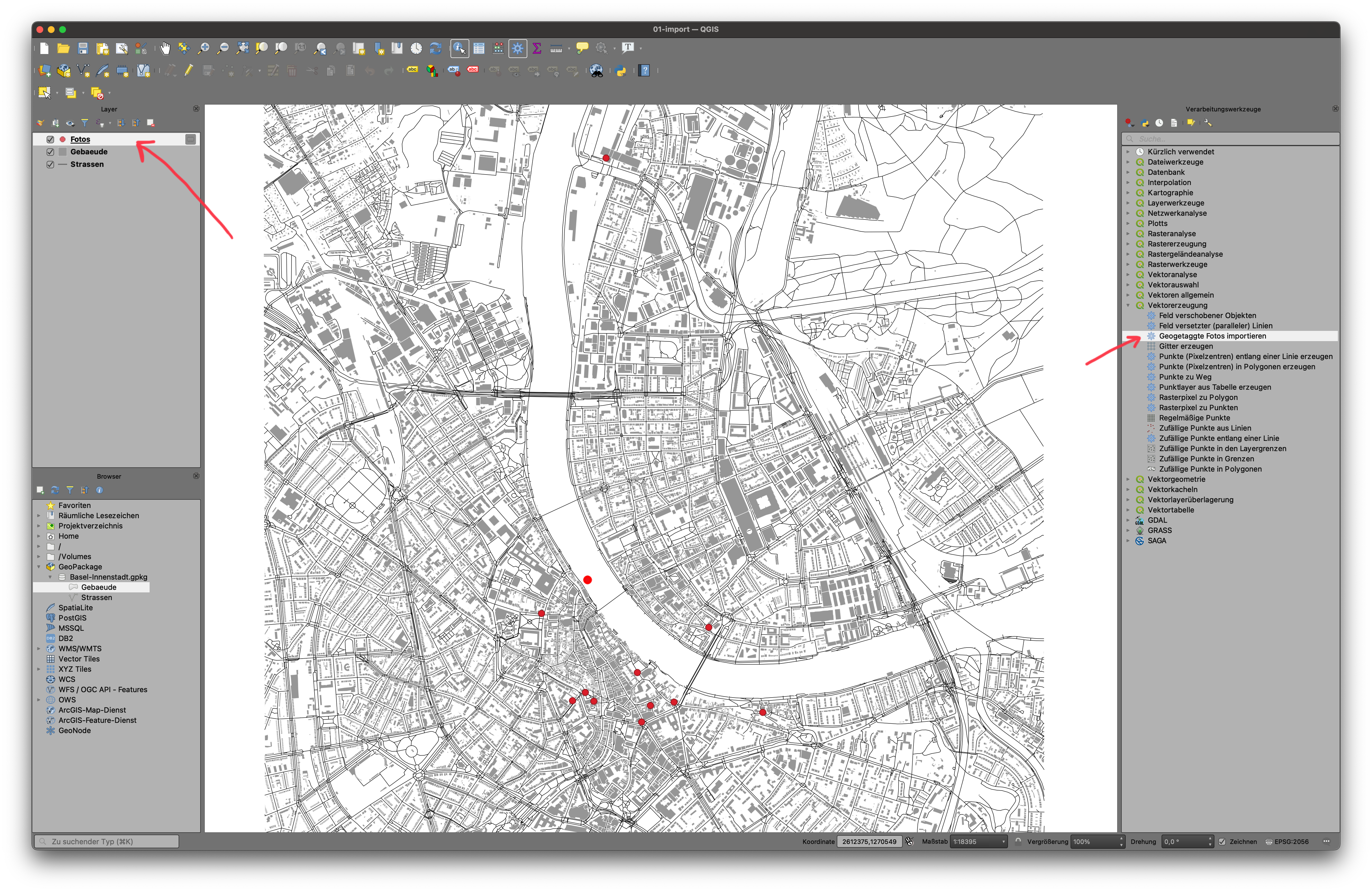 Fotos-Layer mit importierten Fotos in der Basler Innenstadt