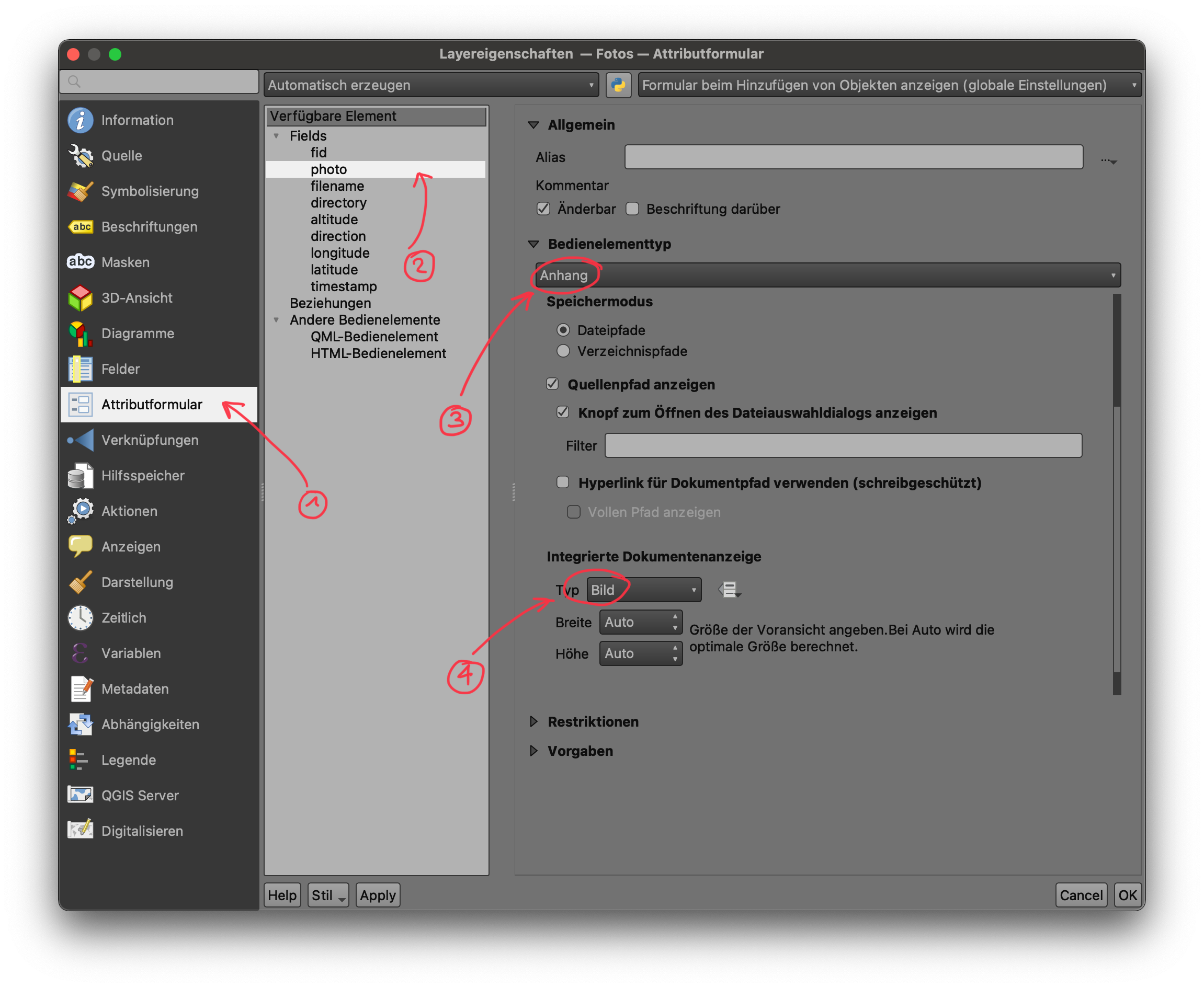 Attributformular-Einstellungen des Foto-Layers