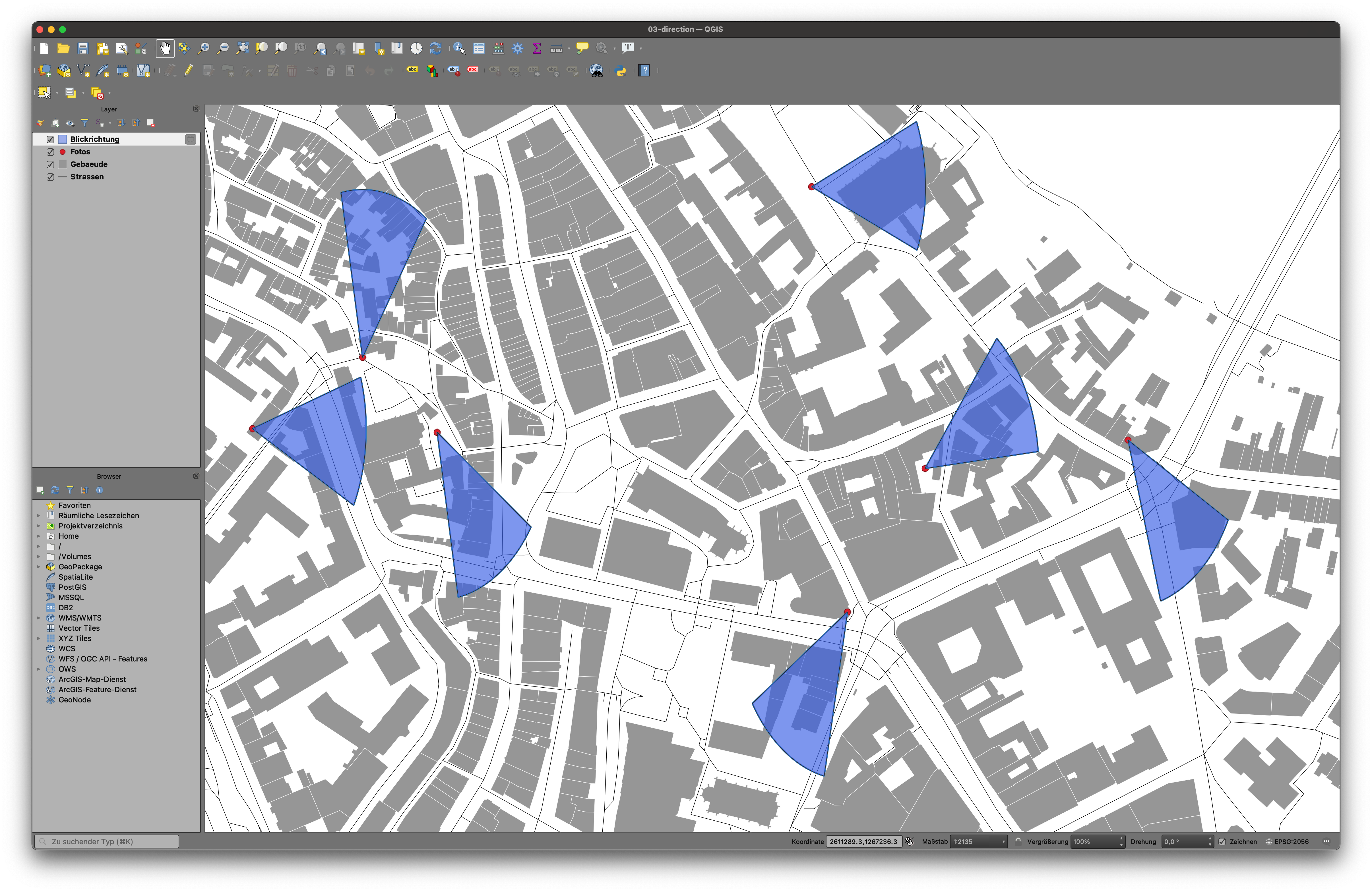 Dein QGIS-Projekt nach dem hinzufügen von Sichtkegeln.