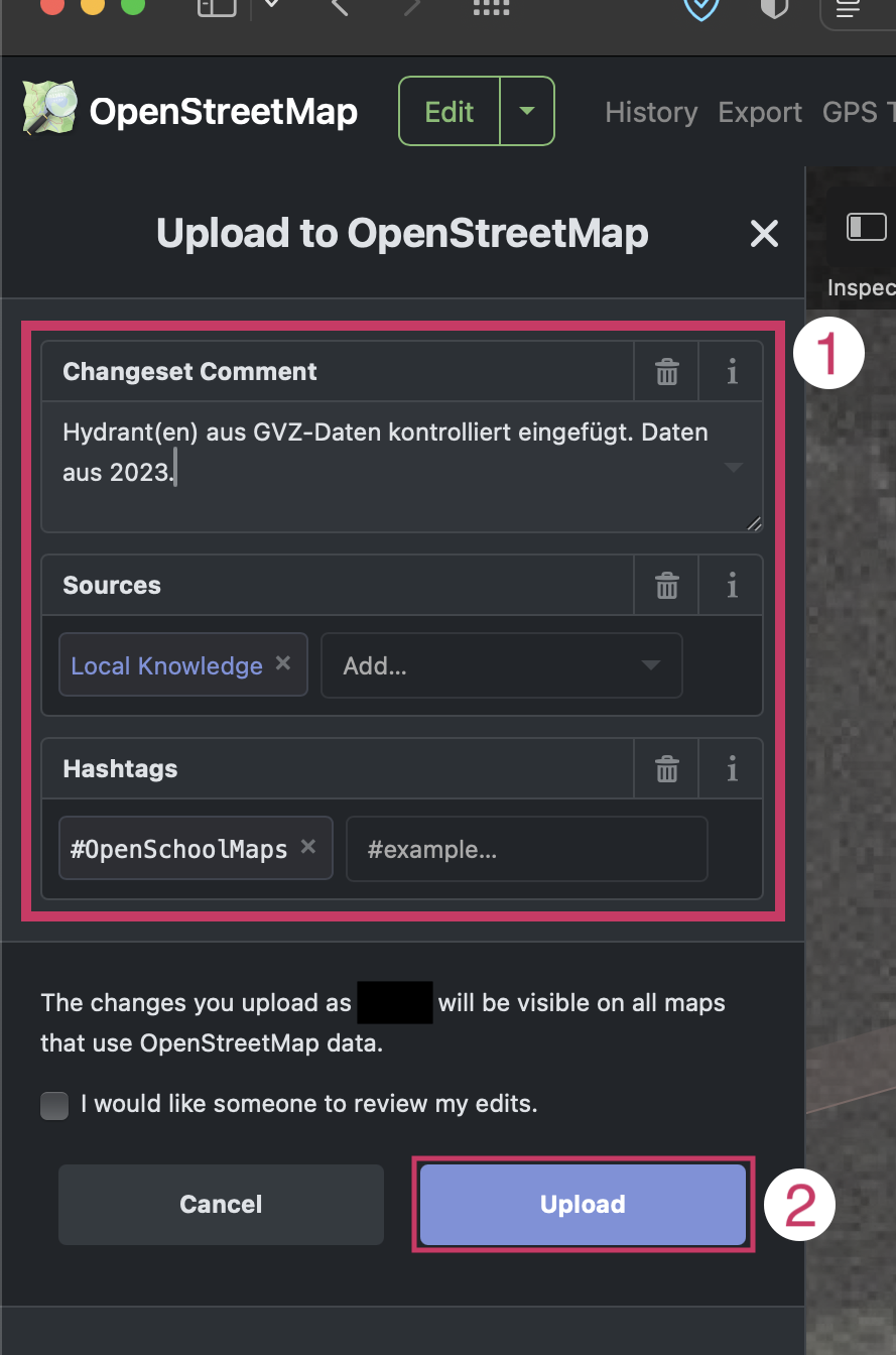 Hydrant hinzufügen changeset notes