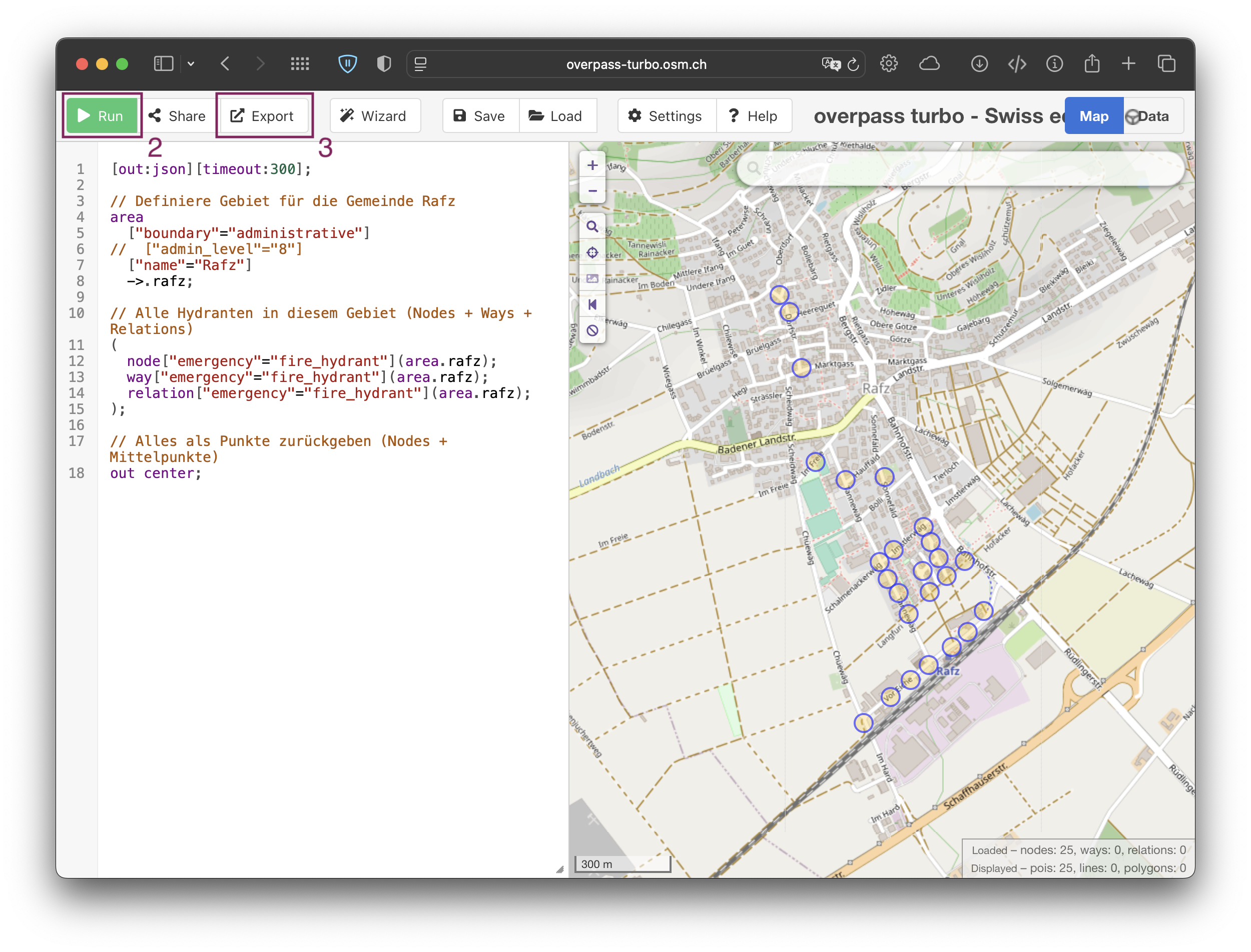 Overpass-Suchresultate + Bedienungsübersicht