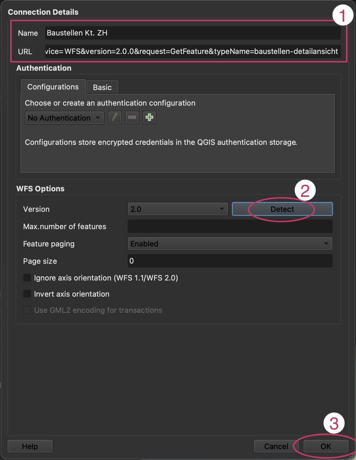 WFS-Verbindung hinzufügen Dialog