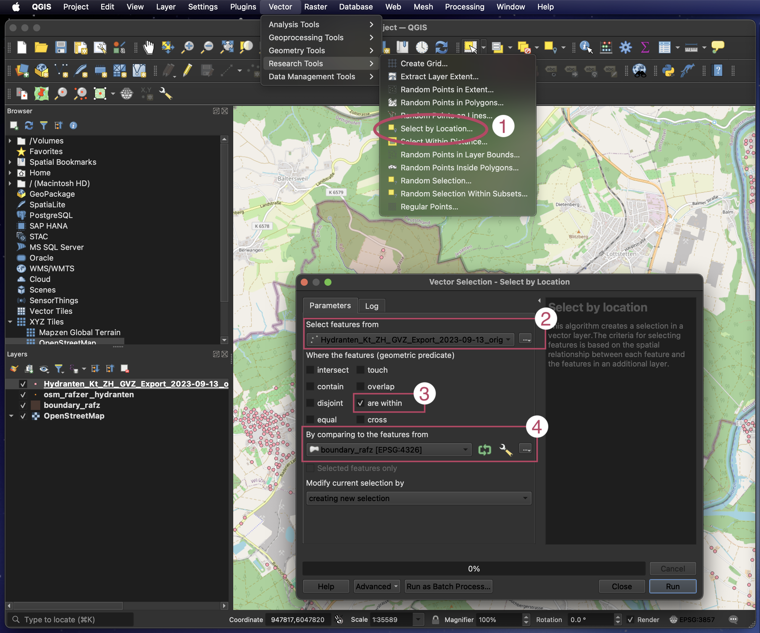 Hydranten anhand Gemeindefläche anwählen