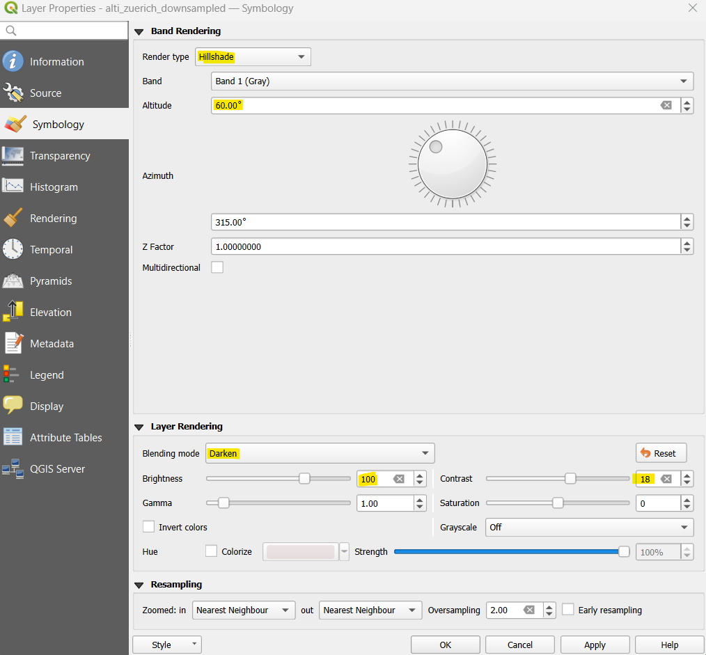 Layereinstellungen für Höhendatendarstellung