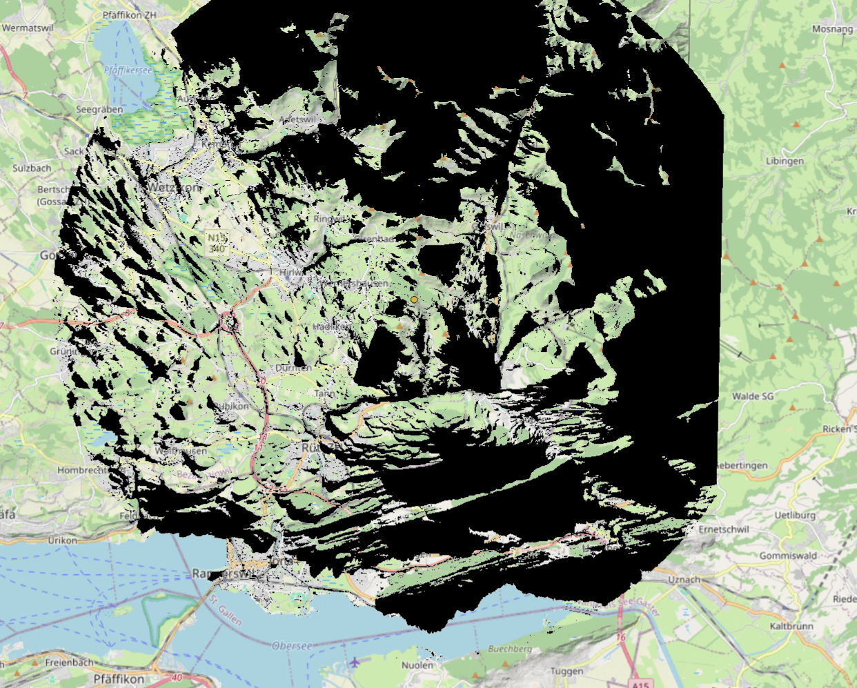 Ergebnis vom "Viewshed"-Tool. Schwarz markierte Gebiete sind vom Observer Point aus nicht sichtbar. Gebiete weiter weg als 10km vom Observer Point wurden nicht untersucht und sind daher immer transparent.