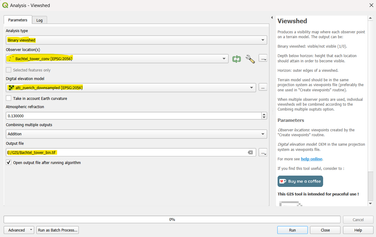 Anzupassende Parameter im "Viewshed"-Tool