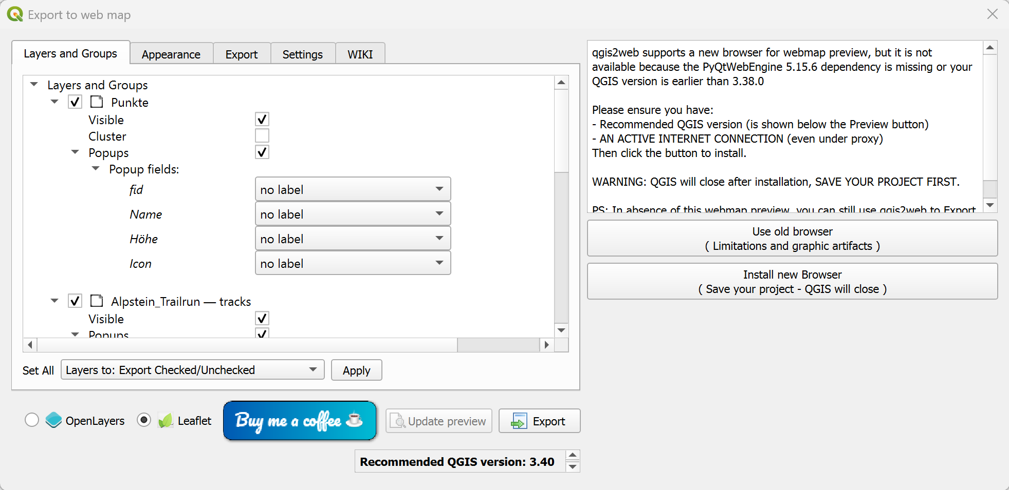 qgis2web mit Möglichkeit den Preview-Browser zu aktualisieren