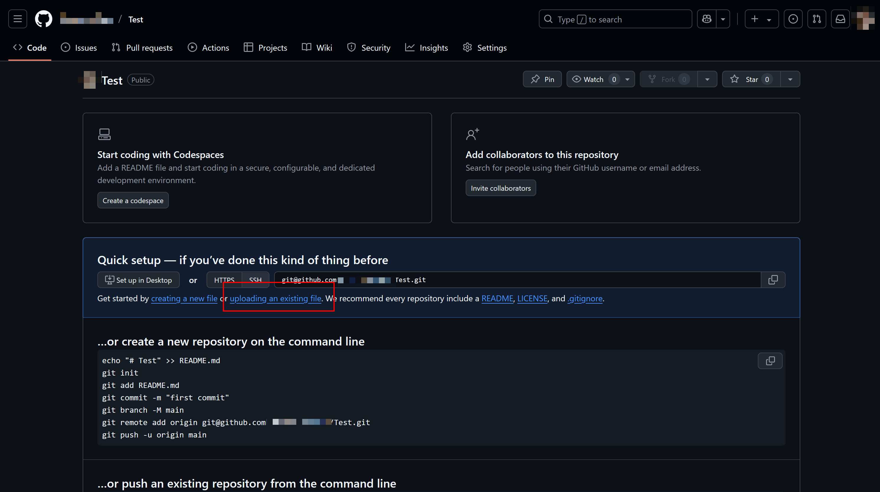 Neu erstelltes GitHub Repository mit Upload-Link
