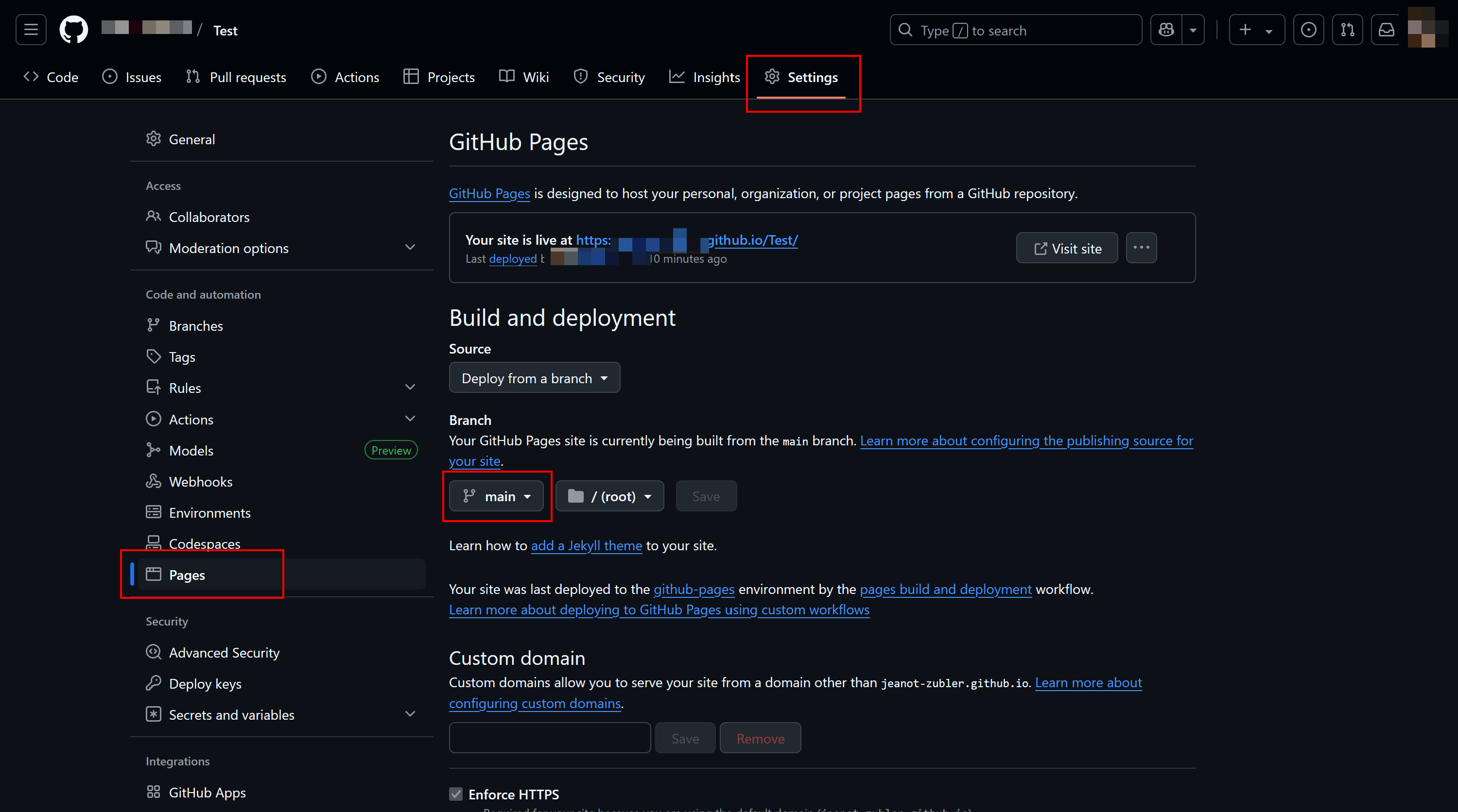 Einstellungsfenster für GitHub Pages