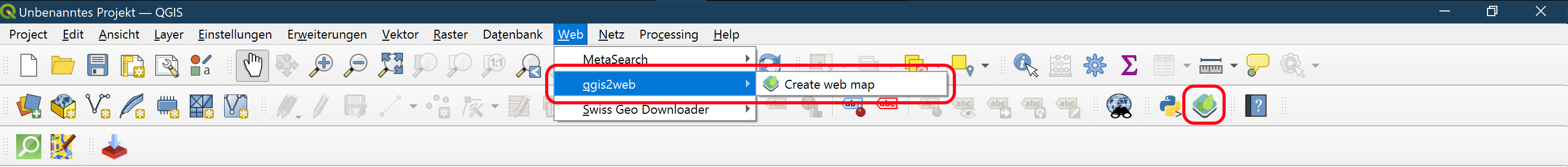 Menüleiste mit hervorgehobenem qgis2web-Icon