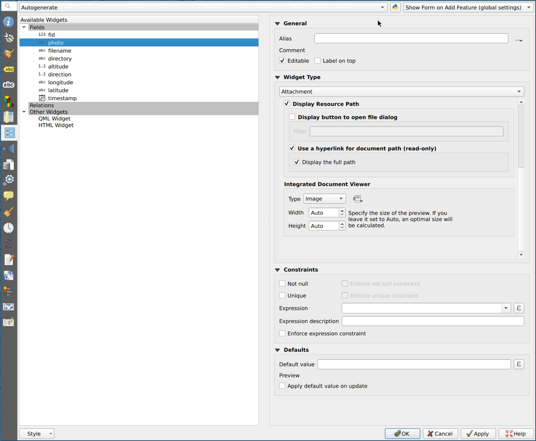 Attribute form settings of the photo layer